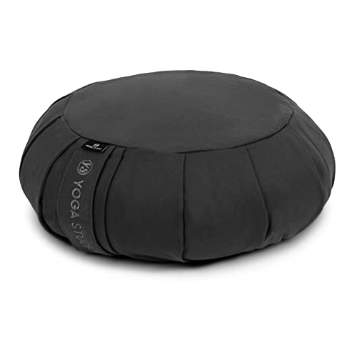 Yoga Studio Rundes Kissen aus Bio-Zafu, 35 x 18 cm, Buchweizenkissen mit Baumwollbezug, integrierter Tragegriff, Yoga-Zubehör – Grau von Yoga Studio