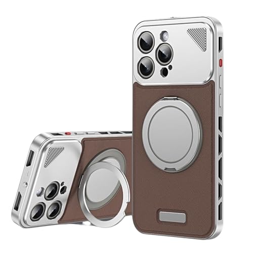 Yohryi Hülle für iPhone 14 Pro Max/14 Pro/14, kompatibel mit MagSafe, 360° drehbarer Ständer, Metallrahmen, Lederrückseite, Hohlkühlungsdesign, schlanke und leichte Schale,Brown 1,14 Pro Max von Yohryi