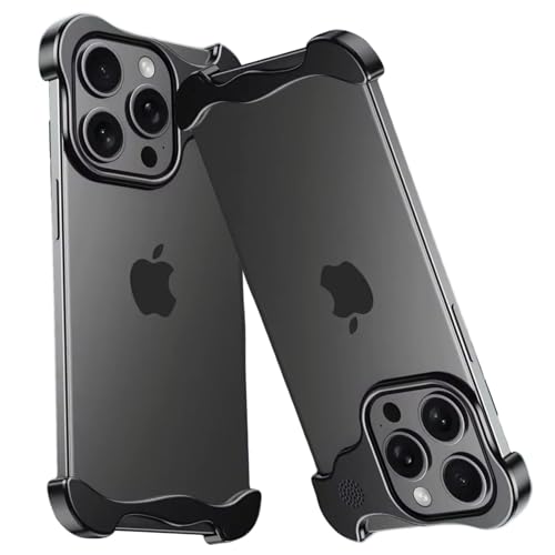 Yohryi Rahmenlose Metallhülle für iPhone 15 Pro Max/15 Pro/15 Plus/15, minimalistische, stoßdämpfende Aluminiumschale in Luft- und Raumfahrtqualität mit Kameraobjektivschutz,Black,15 von Yohryi