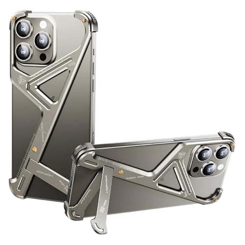 Yohryi Schutzhülle mit Ständer für iPhone 15 Pro Max/15 Pro/15 Plus/15, geometrisch, schlank, minimalistisch, Rahmenlos, schützende, Hohle Wärmeableitungsschale aus Metall,Natural Titanium,15 von Yohryi