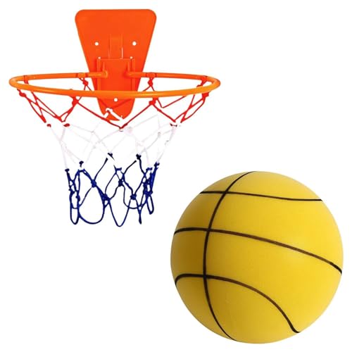 Yokawe Leiser Basketball mit Reifen, geräuschloser Schaumstoff-Basketballball für drinnen und draußen, geräuscharmes Basketball-Set für Kinder und Erwachsene Gelb 7 von Yokawe