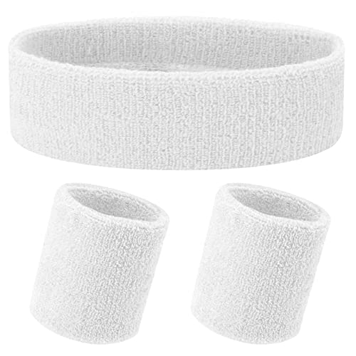 3 Stück Schweißband Set Weiß Sport Stirnband Armband Herren und Damen Schweiß Absorbierendes Zubehör von Yolev