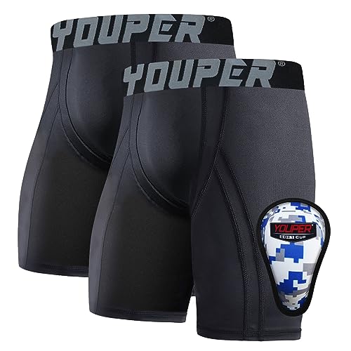 Youper Kompressions-Shorts für Jugendliche, Jungen, mit weichen Schutzschalen für Baseball, Fußball, Hockey (2er-Pack), Schwarz, Medium von Youper