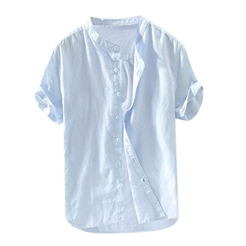 Yowablo Bluse Herren Baggy Baumwolle Leinen Solide Kurzarm Knopf Retro T Shirts Tops (3XL,Hellblau) von Yowablo