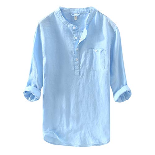 Yowablo Hemd Männer lässig Langarm Top Button Baumwolle Leinen einfarbig lose Bluse (M,Blau) von Yowablo