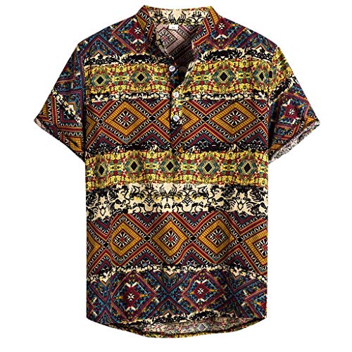 Yowablo Hemdbluse Mens Ethnic Short Sleeve Lässige Baumwolle Leinen Druck Hawaiian (3XL,10Gelb) von Yowablo