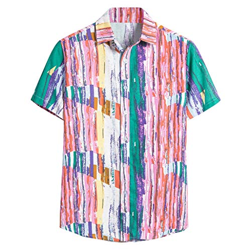 Yowablo Herren Kurzarm Shirt Einfarbig Freizeithemd Casual Hemden Leichte Atmungsaktives Bequem Leinen Sommerhemden Loose Fit (5XL,8Rosa) von Yowablo