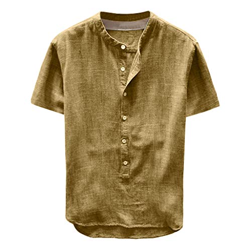 Yowablo Herren Shirt Kurzarm Top Bluse Fashion Summer Button Kurzarm aus Leinen und Baumwolle (XL,34Gelb) von Yowablo