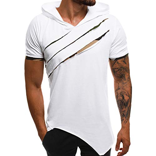 Yowablo Kapuzen T Shirt Herren Sommer Casual Patchwork Slim Kurzarm Top Bluse (M,Weiß) von Yowablo