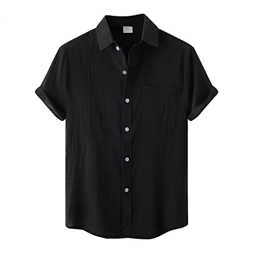 Yowablo Kurzarm-Hemden Hawaii Herren-Hemd Slim-Fit Summer Loose Cotton Blend Solid Button Gefälschte Tasche Kurzarm Shirt Tops (3XL,Schwarz) von Yowablo