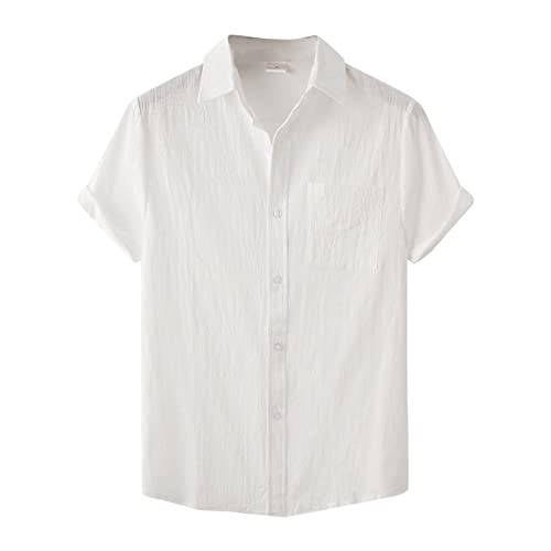 Yowablo Kurzarm-Hemden Hawaii Herren-Hemd Slim-Fit Summer Loose Cotton Blend Solid Button Gefälschte Tasche Kurzarm Shirt Tops (3XL,Weiß) von Yowablo