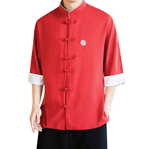 Yowablo Top Chinese Fashion Herren Baumwolle-Leinen Kurzarm im Frühjahr und Sommer (XXL,Rot) von Yowablo