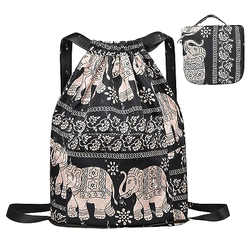 Draw String Rucksack Frauen falten wasserdichte Kordelkordelbeutel mit vielen Taschen Einfacher nationaler Nylon -Fitness -Sack -Kordelkordelbeutel für ein Shopping Sport Yoga im Fitnessstudio, Style von Yoyakie