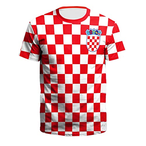YuanDiann 2022 Katar Fußball Weltmeisterschaft T-Shirt 3D Drucken Nationalflagge Kurzarm Rundhalsausschnitt Fanshirt Sport Casual Atmungsaktiv Trikots Shirt für Erwachsene und Kinder Kroatien 2# L von YuanDiann