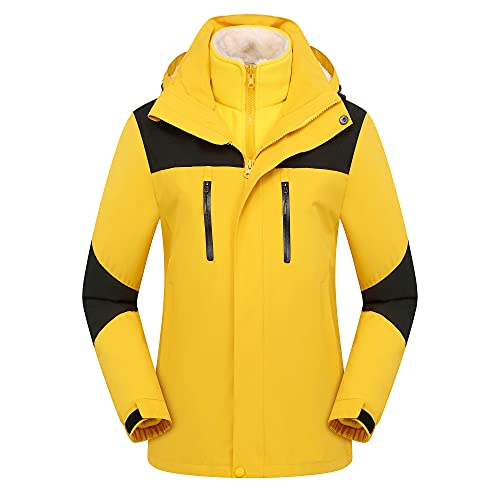 YuanDiann Herren Damen 3 In 1 Wanderjacke 2 Teiliges Set, Wasserdicht Winddichte Fleece Gefütterte Mantel mit Kapuze Abnehmbar Verdicken übergangsjacke Trekking Skijacke Damen Gelb XL von YuanDiann