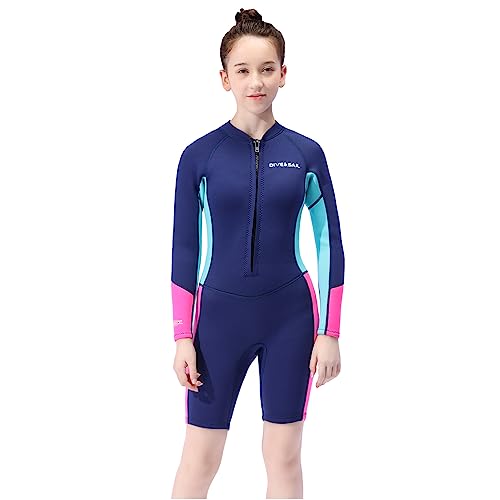 YuanDiann Teenager Mädchen Neoprenanzug Shorty 2,5 mm Neopren Thermo Kinder Einteiler Kurze Tauchanzüge zum Tauchen Schnorcheln Surfen Schwimmen 8-16 Marine 14 von YuanDiann