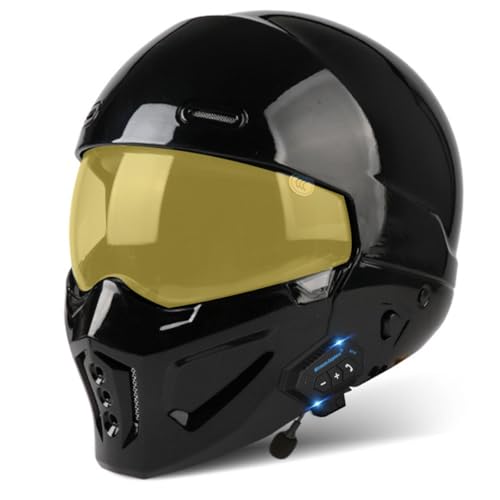 Bluetooth Halbhelme Motorradhelm Retro Jethelm Mit Sonnenblende Motorrad Integralhelm Für Damen Herren DOT/ECE-Zertifizierung Halbschalenhelm Vollvisierhelm Für Erwachsene 23,XL:61-62CM von YuanLiang