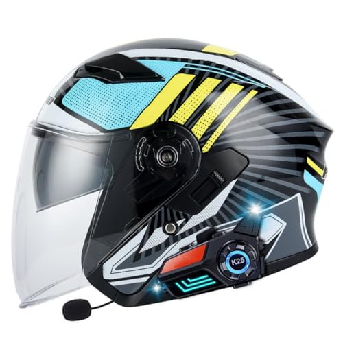 Bluetooth Jethelm Motorradhelm Halbhelme ECE/DOT Zertifizierung Integrierter Bluetooth-Helm Jet Scooter Helm Rollerhelm Herren Damen Mit Doppelvisier Halbschalenhelm 1,XXL:63-64CM von YuanLiang