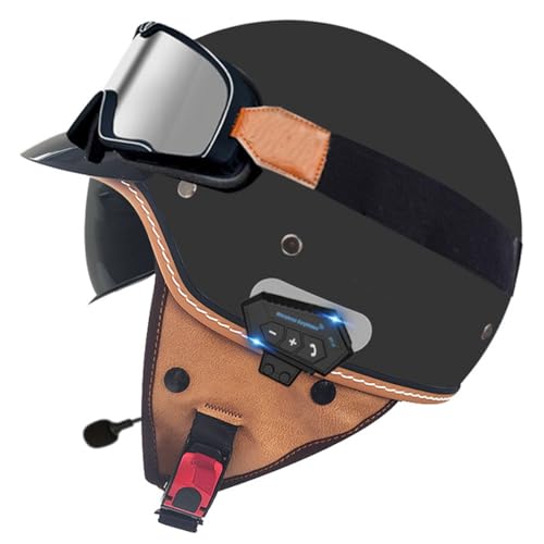 Bluetooth Motorradhelm Jethelm Mit Visier Vintage Roller Helm Offener Helm Damen Herren DOT/ECE-Zulassung Sommer Motorrad Halbhelm Sturzhelm Mit Lautsprechermikrofon 6,XL:61-62CM von YuanLiang