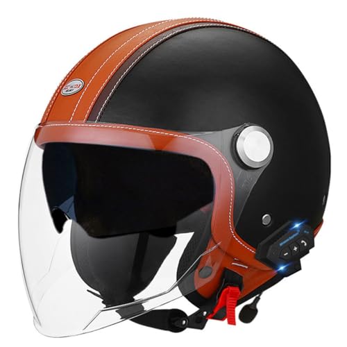 Halbschalenhelm Bluetooth Motorradhelm Mit ECE Zugelassen Brain-Cap Halbschale Lederhelme Jethelm Roller-Helm Scooter-Helm Retro Mit Built-In Visier Für Cruiser Chopper Moped 4,XXL:63-64CM von YuanLiang