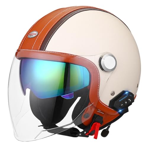 Halbschalenhelm Bluetooth Motorradhelm Mit ECE Zugelassen Brain-Cap Halbschale Lederhelme Jethelm Roller-Helm Scooter-Helm Retro Mit Built-In Visier Für Cruiser Chopper Moped 7,M:57-58CM von YuanLiang