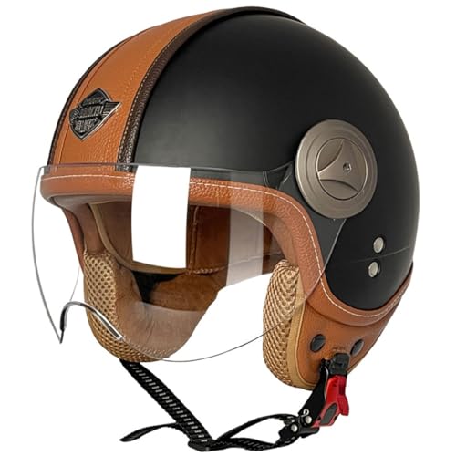 Halbschalenhelm Mit ECE Zulassungiber Brain-Cap JetHelm Roller-Helm Scooter-Helm Retro Half Helm Mit Visier Halbhelme Motorradhelm Für Herren Und Damen Cruiser Biker Moped 15,L:59-60CM von YuanLiang