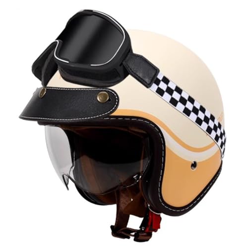 Jethelm Vintage Motorradhelm Open Face Helm Winddichter Motorrad Roller Helm Mit Sonnenblende Brille Jethelm Scooter Helm Für Damen Und Herren ECEDOT Zertifiziert 17,XXL:63-64CM von YuanLiang