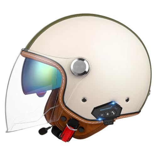 Motorradhelm Bluetooth Halbschalenhelm Halbhelme Retro Style Lederhelme Mit Doppelvisier Jethelme Rollerhelm Scooter-Helm DOT/ECE-Zugelassen Offenem Helm Im Edlen Vintage-Look 21,XL:61-62CM von YuanLiang