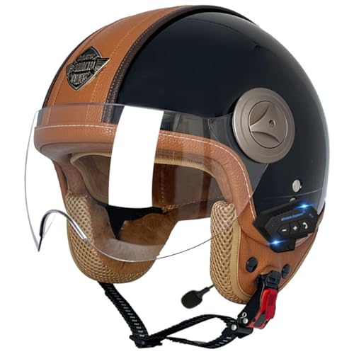 Motorradhelm Bluetooth Jethelm 3/4 Halbhelme DOT/ECE Zertifizierung Motorrad Integrierter Bluetooth-Helm Scooter Helm Rollerhelm Mit Visier Herren Damen Im Edlen Vintage-Look 4,L:59-60CM von YuanLiang