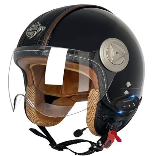 Motorradhelm Halbschalenhelm 3/4 Bluetooth Helm DOT/ECE-Zulassung Retro Jethelme Männer Frauen Mit Visier Bluetooth Motorrad Halbhelme for Bike Cruiser Moped Scooter 14,L:59-60CM von YuanLiang