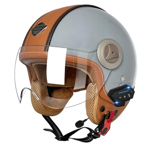 Motorradhelm Halbschalenhelm 3/4 Bluetooth Helm DOT/ECE-Zulassung Retro Jethelme Männer Frauen Mit Visier Bluetooth Motorrad Halbhelme for Bike Cruiser Moped Scooter 5,L:59-60CM von YuanLiang