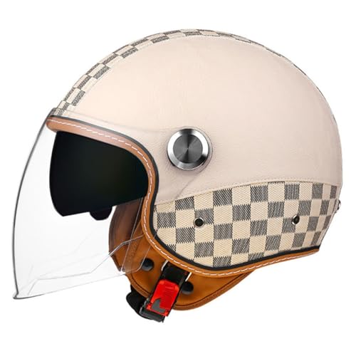 Retro Leder Halbhelm Deutscher Stil Motorradhelm Mit Doppeltes Visier Jethelm Roller Cruiser Anti-Collision Helm DOT/ECE-Zulassung Roller-Helm Scooter-Helm Damen Und Herren 4,XL:61-62CM von YuanLiang