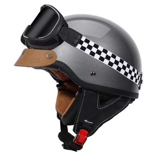 Retro Motorrad Helm Jethelme Rollerhelm Sturzhelm DOT/ECE-Zertifizierter Brain-Cap Offenem Motorradhelm Mit Schutzbrille Scooter-Helm for Jugendliche Männer Frauen 1,3XL:65-66CM von YuanLiang