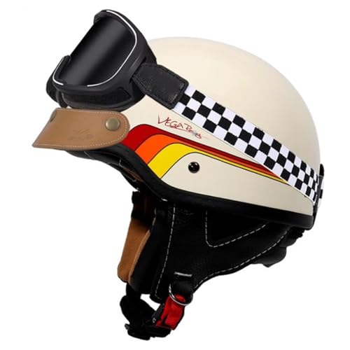 Retro Motorrad Helm Jethelme Rollerhelm Sturzhelm DOT/ECE-Zertifizierter Brain-Cap Offenem Motorradhelm Mit Schutzbrille Scooter-Helm for Jugendliche Männer Frauen 7,4XL:67-68CM von YuanLiang