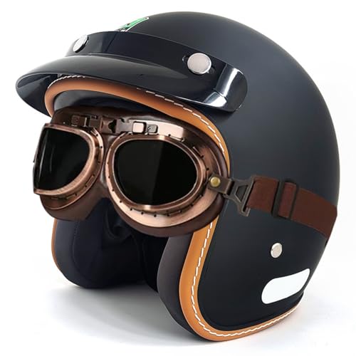 Retro Motorradhelm Jethelm Roller-Helm Deutscher Stil Halbschalenhelm Mit Brille Motorrad Halbhelme Chopper Helm Scooter-Helm DOT/ECE-Zulassung Offener Helm 2,S:55-56CM von YuanLiang