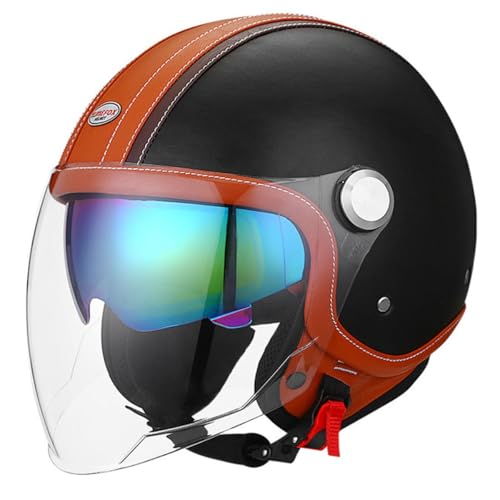 Retro Motorradhelm Lederhelm Jethelme Mopedhelm Mit Doppeltes Visier Deutscher Stil Motorrad Halbhelm Braincap DOT/ECE-Zulassung Roller Cruiser Scooter Anti-Collision Helm 8,L:59-60CM von YuanLiang