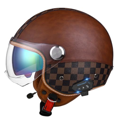 Retro Motorradhelm Rollerhelm Halbschalenhelm Jethelm Mit Doppelvisier Bluetooth Offenem Helm Scooter-Helm DOT/ECE-Zugelassen Lederhelme Halbhelme ​Für Frauen Herren 16,L:59-60CM von YuanLiang