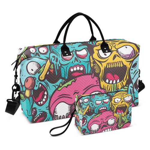 Duffel Bags Bunte Cartoon-Zombie-Graffiti-Schultertasche, Wochenendtasche, Übernachtungstasche, Turnbeutel mit verstellbarem Riemen für Flugzeugreisen, 2-teiliges Set, Bunte Cartoon-Zombie-Graffiti, von Yuiboo