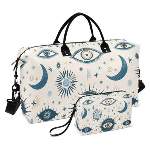 Große wasserdichte Reisetasche mit verstellbarem Gurt und verstellbarem Gurt für Yoga, Beige, Blue Evil Eyes Boho Beige, 2 Stück, Blue Evil Eyes Boho Beige, Set of 2, Art Deco von Yuiboo