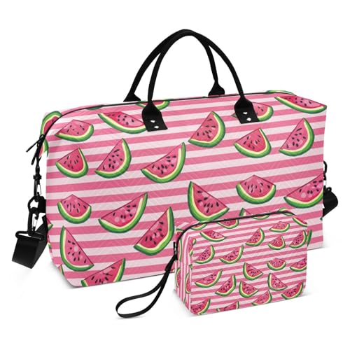 Reise Seesack Wassermelonen Scheiben Pfirsich rote Streifen Reise Weekender Tasche Sport Turnbeutel mit Kulturbeutel für Gym 2 Stück Set, Wassermelonen Peach rote Streifen, Set of 2, Art Deco, von Yuiboo