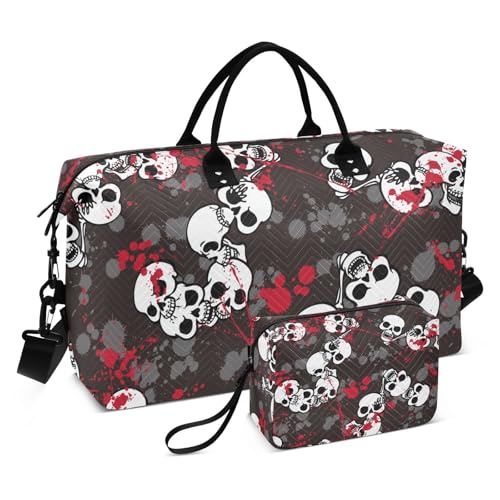 Reisetasche, Totenkopf, Evil, schwarz, Wochenend-/Übernachtungsduffel, Sporttasche, Turnbeutel mit Kulturbeutel für Trekking, multifunktional, Totenköpfe böse schwarz, Set of 2, Art Deco von Yuiboo