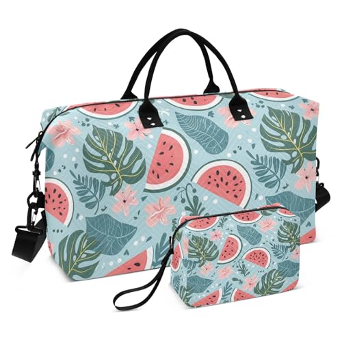 Reisetasche, Wassermelonen, tropische Blätter, Blumen, Pastellblau, groß, Handgepäcktasche, Flughafentasche, Fitnessstudio, Handgepäcktasche mit verstellbarem Riemen für Reisen, wasserdicht, von Yuiboo