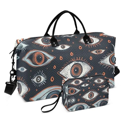 Reisetasche Magic Evil Eyes Mystery Orange Blau Übernachtung Weekender Taschen Sport Seesack mit Kulturbeutel für Yoga 2 Stücke Set, Magic Böse Augen Geheimnis orange blau, Set of 2, Art Deco, Magic von Yuiboo