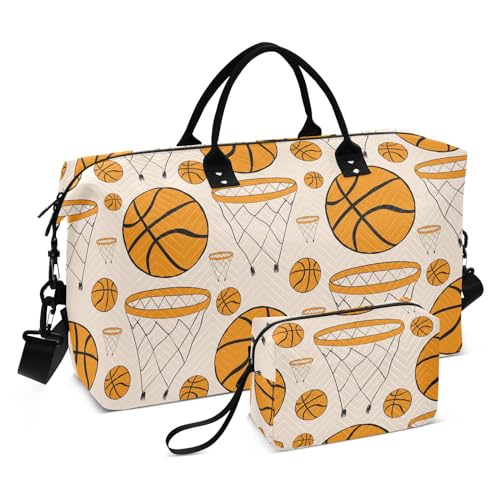Reisetasche mit Basketballringen und Bällen, für Wochenend/Übernachtung, mit Kulturbeutel, Orange, Basketballringe und Bälle orange, Set of 2, Art Deco von Yuiboo