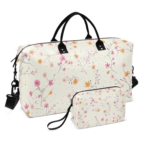 Reisetasche übergroße süße Pfirsich Orange Blumen Blätter Beige Weekender Reise Übernachtung Turnbeutel mit verstellbarem Schultergurt für Reisen Multifunktional Niedlich Angeln Orange Blumen, von Yuiboo