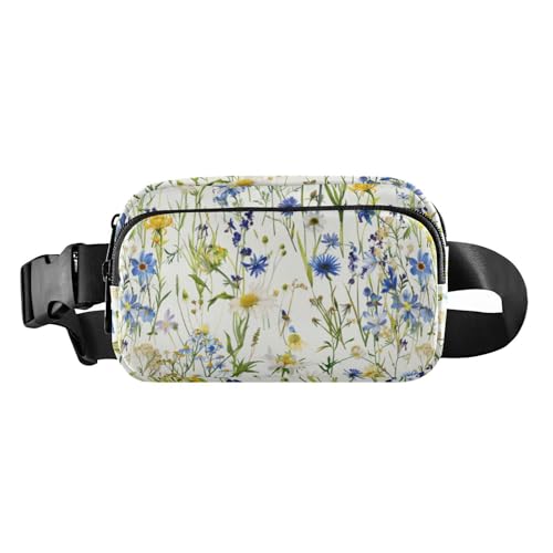 Süße Umhängetasche, Hüfttasche für Damen und Herren, Wasserfarben, Wildblumen, Blau, Kornblumen, Gänseblümchen, Mehrzweck-Gürteltasche mit verstellbarem Riemen für Reisen, Einkaufen, Laufen, Aquarell, von Yuiboo