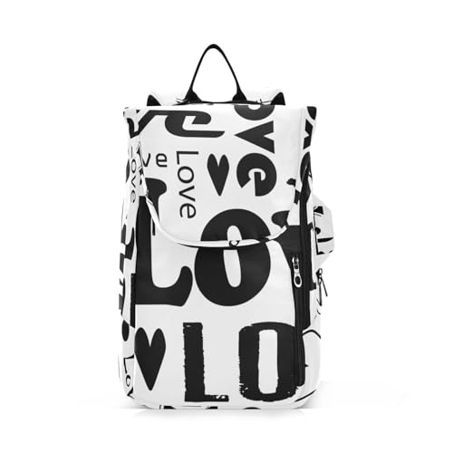 Yuiboo Tennis-Rucksack für Damen und Herren, wasserdicht, Valentinstag, niedliche Herzen, Liebestext, Schwarz / Weiß, 2 Schläger mit Schutzpolster für Tennis, Badminton, Racketball von Yuiboo