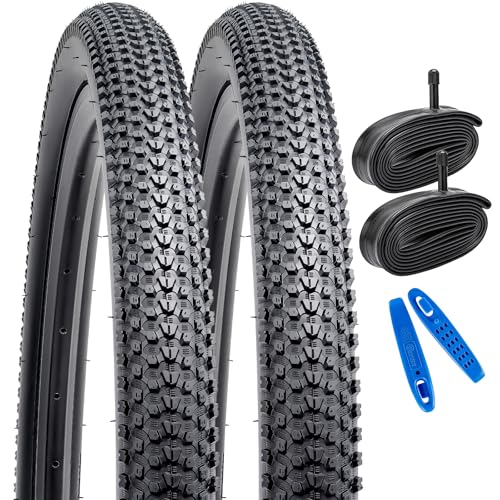 YunSCM 2er-Pack Faltbar 26 Zoll Reifen 26x2.10 Plus 2er-Pack Verdickung 26 Zoll Schlauch AV32mm Ventil kompatibel Mountainbike 26x2.0 26x2.10 26x2.125 Fahrradreifen und Schlauch von YunSCM