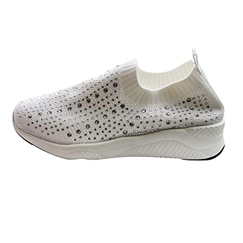 YunYoud Schuhe Damen Turnschuhe Damen Strass Stricken Sneaker Atmungsaktiv Leichte Flache Schuhe Slip on Sportschuhe Freizeitschuhe Trainer Fitnessschuhe Laufschuhe Laufen Sport (White, 39.5) von YunYoud-Shirt