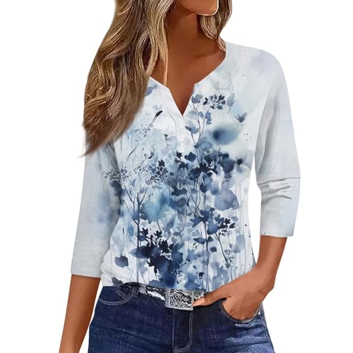 Angebote Des Tages Heute Leinenbluse Damen T Shirts Damen Sommer Unterhemden & Bh-Hemden Für Damen Blumenmuster Blusenshirt Trachtenbluse Festliche Aesthetic T Shirt Sweatshirt Jacke Damen (Blau, L) von YunYoud